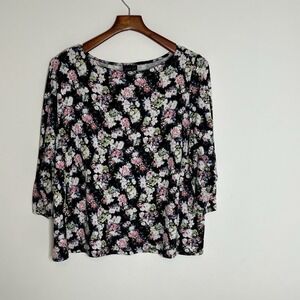J Jill Wearever Collection Floral 3/4 Sleeve Top Size Petite Large Stretch‎ Dark